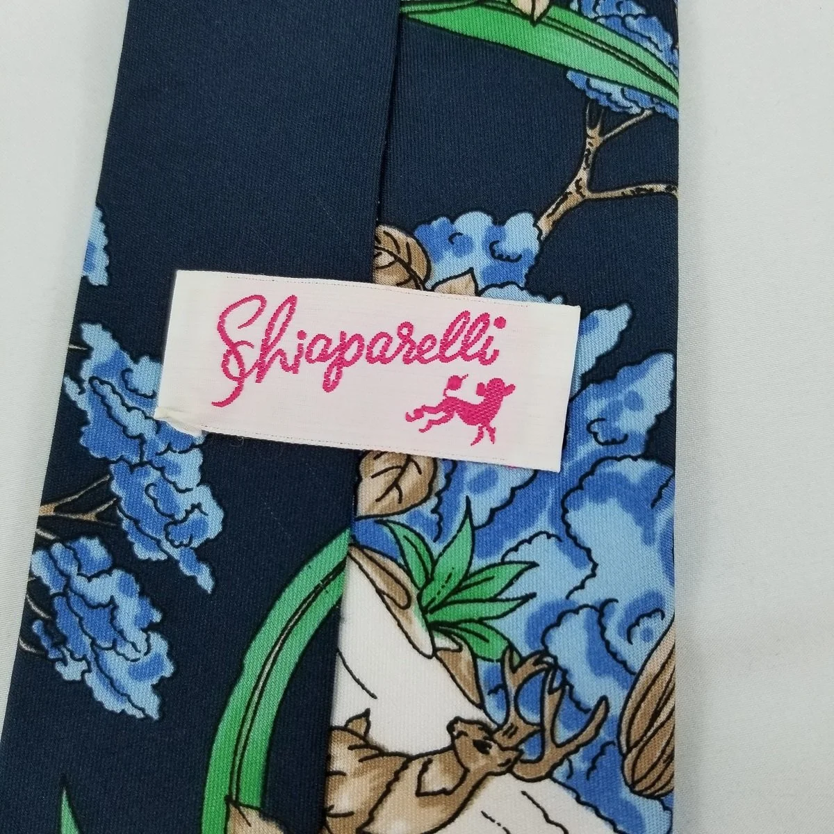 Schiaparelli 1970's 100% Polyester Scenic Elk in Forest Lined Necktie w Pink Poodle Label -3.jpg (Copy)
