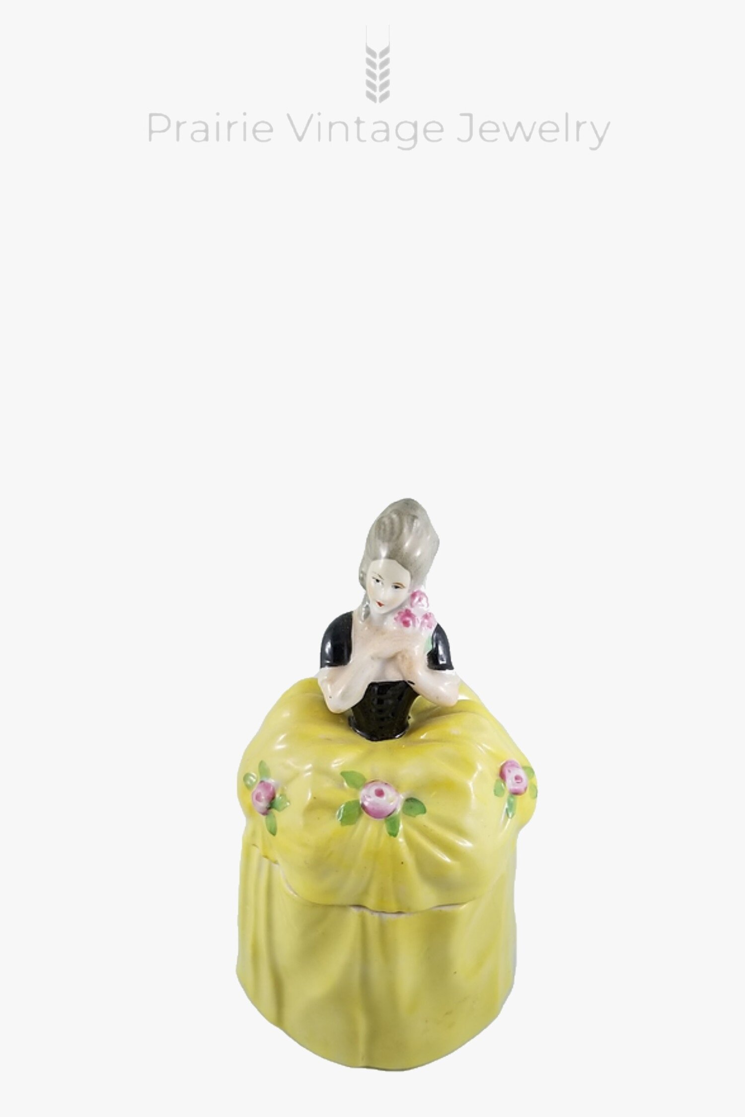 Art Deco Lady Yellow Crinoline Dress Pink Roses Lidded Porcelain Keepsake Powder Box JAPAN