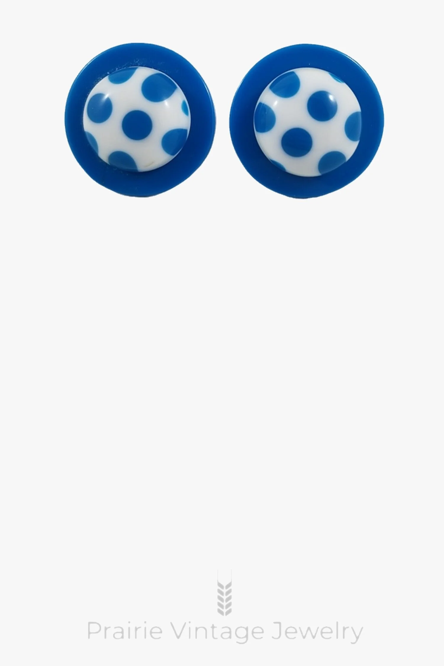 1960's Mod Plastic White and Blue Polka Dotted Domed Saucer Clip Earrings