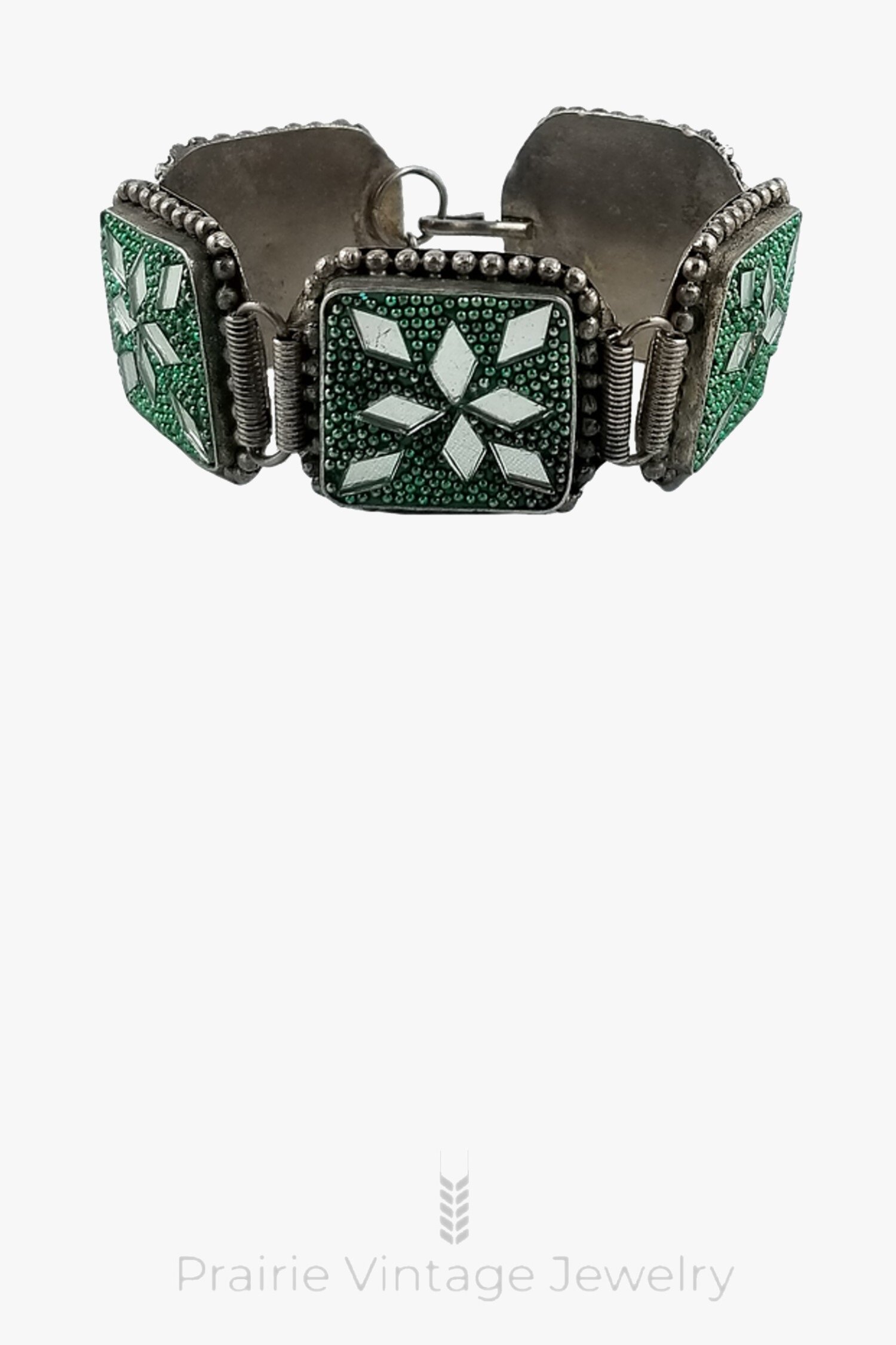 Mirrored Inlay Mosaic Silver Square Panel Link Bracelet with Green Enamel