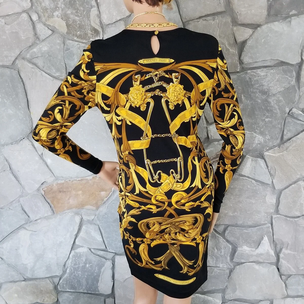 Hermes 'Le Mors a la Conetable' Henri d'Origny 1970's Baroque Black Gold Silk Jersey Equestrian Print Long Sleeve Dress S/M