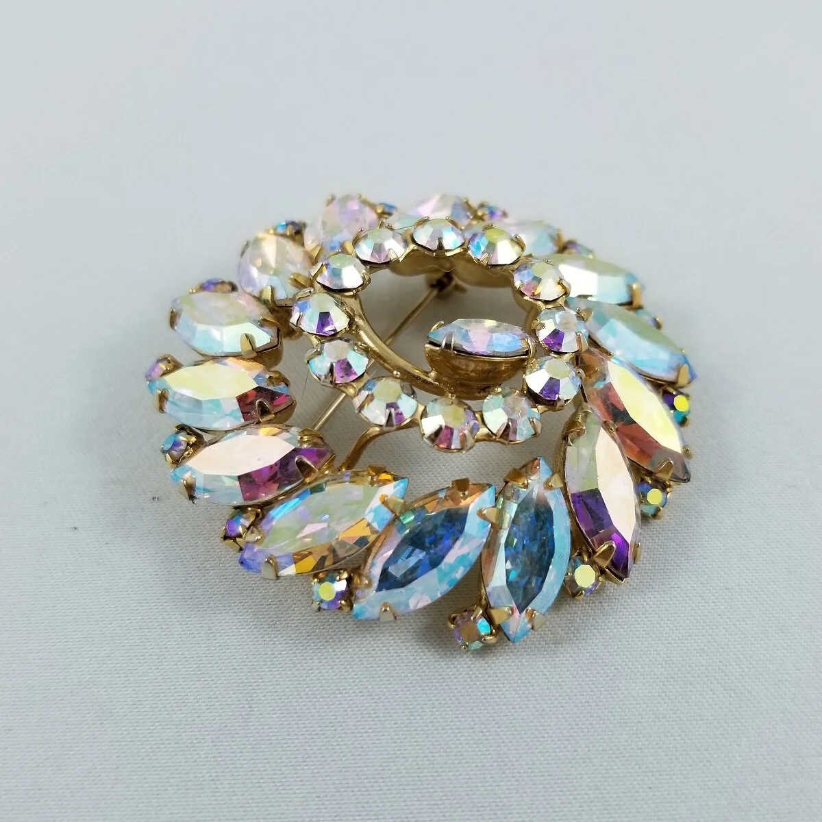Aurora Borealis Marquise Chaton Rhinestone Layered 3D Round Wreath Gold-tone Brooch