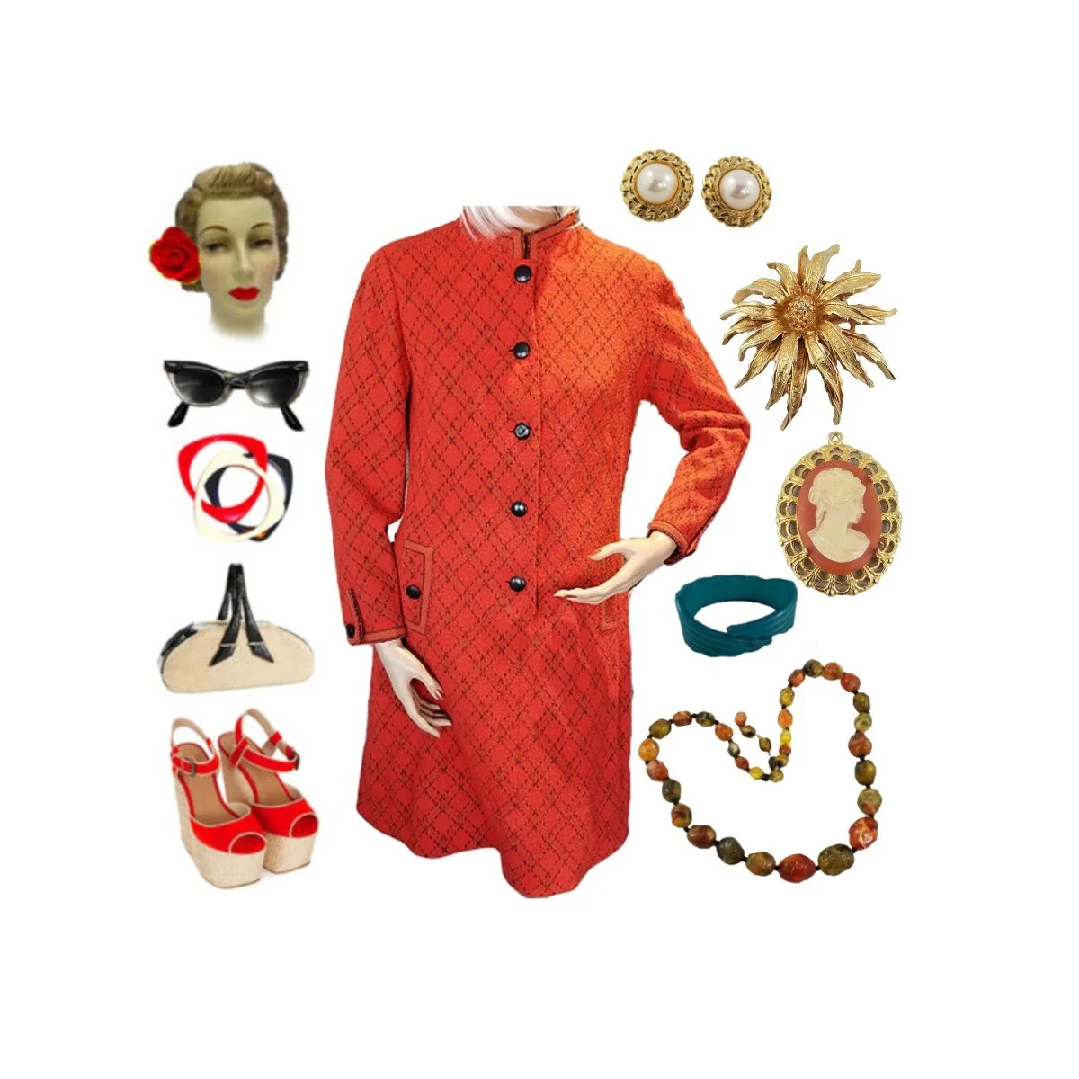 Tricosa Paris France 1960's Blood Orange Thick Wool Mandarin Collar A-Line Shift Dress MEDIUM