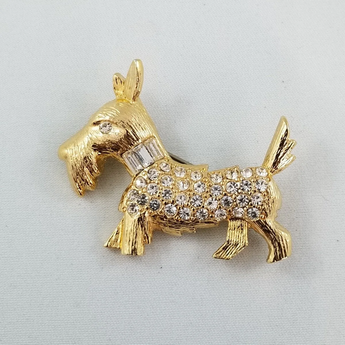 Scottish Terrier Brushed Gold Chaton Baguette Rhinestone Collar Dog Brooch