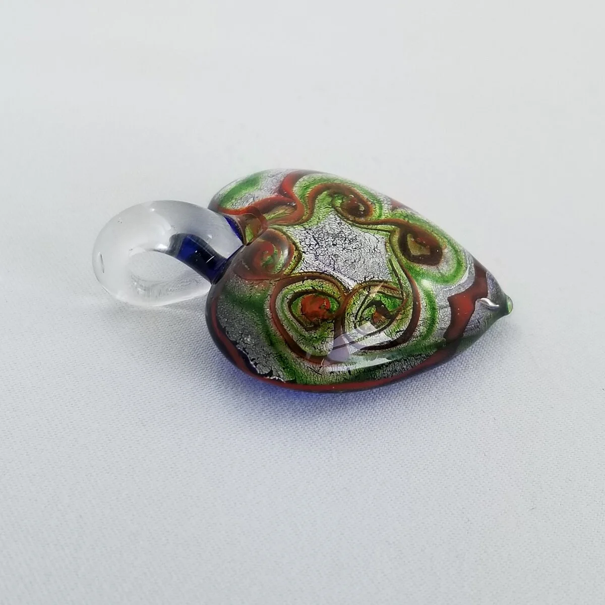 Murano Venetian Art Glass Encased Silver Foil Metallic Swirl Royal Blue Heart Pendant