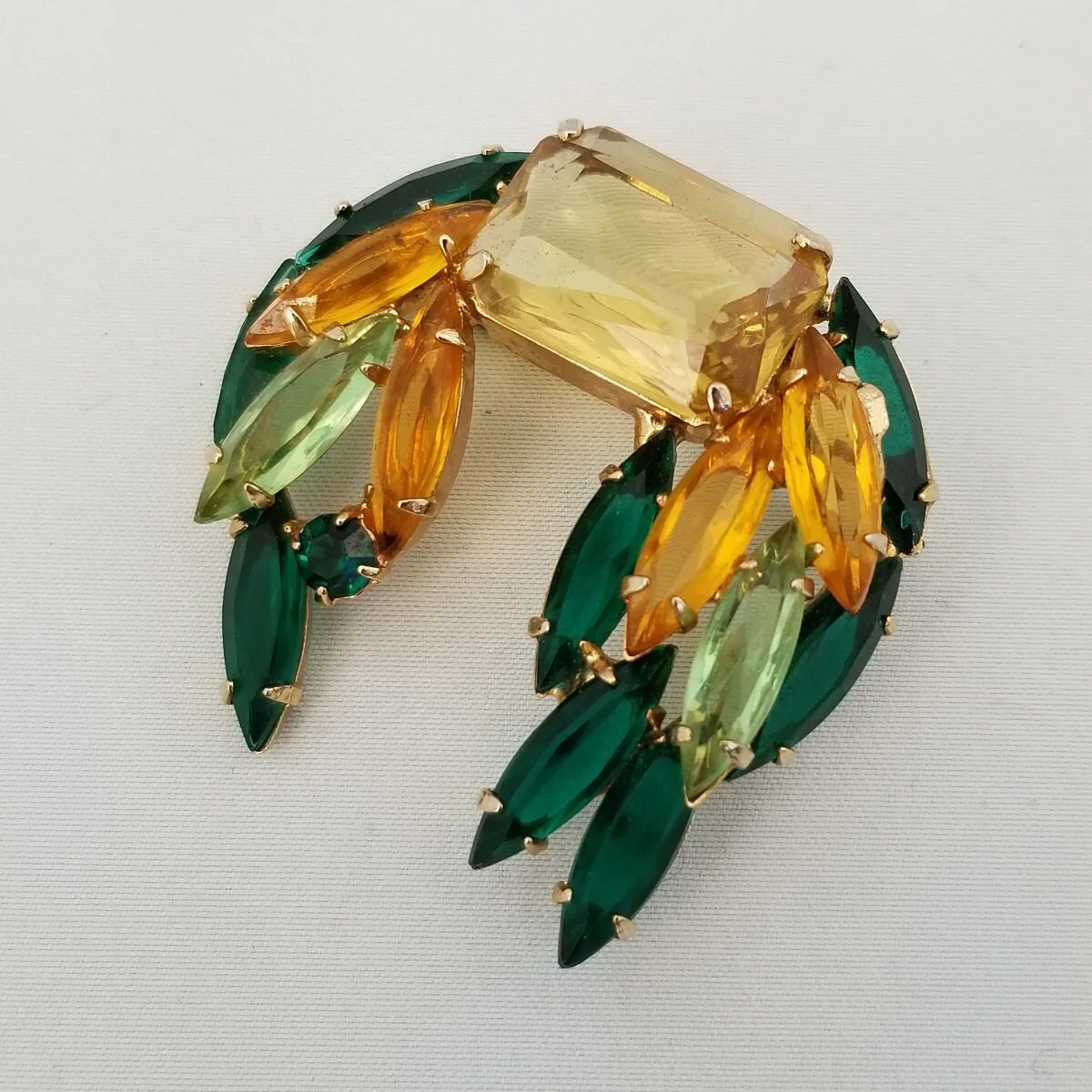 Juliana DeLizza and Elster Prong Set Open Back Navette Emerald Cut Green Lime Amber Citrine Rhinestone Curved Shrimp Brooch