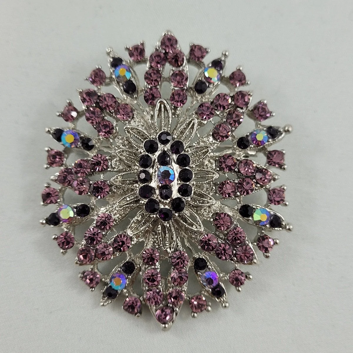 Purple Pave Rhinestone Starburst Flower Silver-tone Brooch