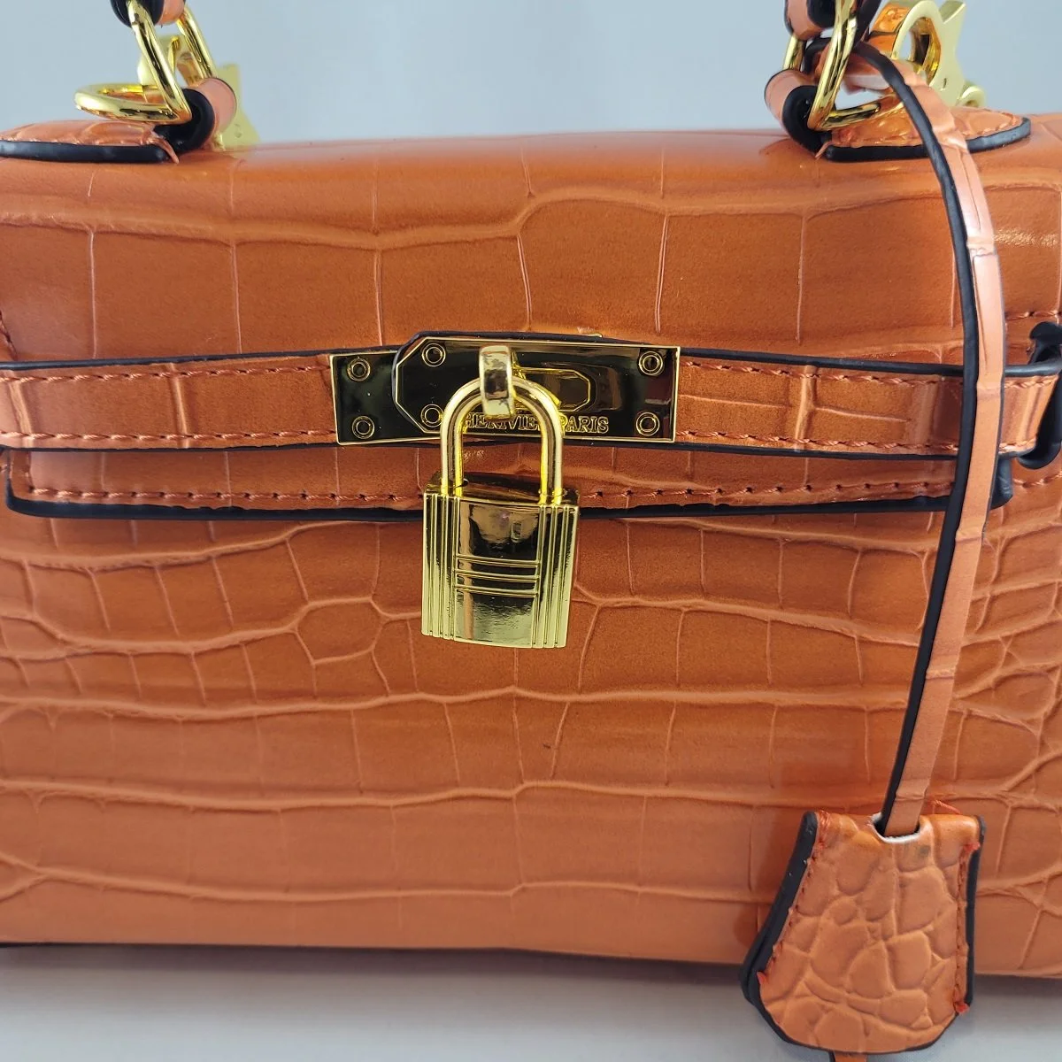 Hermès Replica Iconic Orange Faux Croc Leather Kelly Handbag Pochette Clutch Crossbody Strap Purse