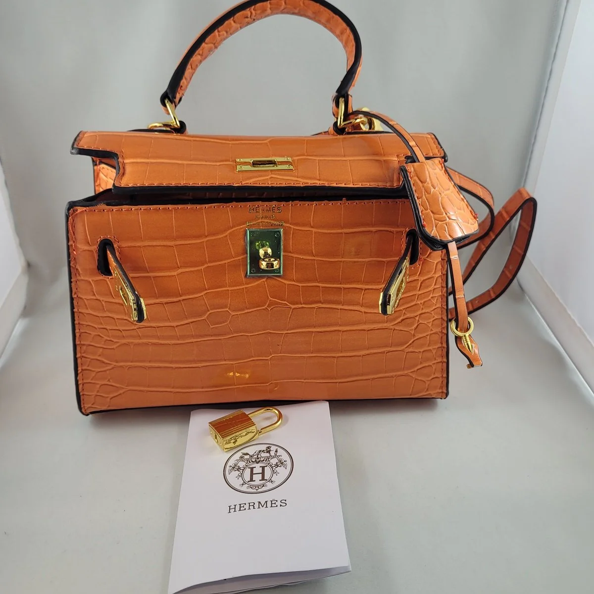 Hermès Replica Iconic Orange Faux Croc Leather Kelly Handbag Pochette Clutch Crossbody Strap Purse