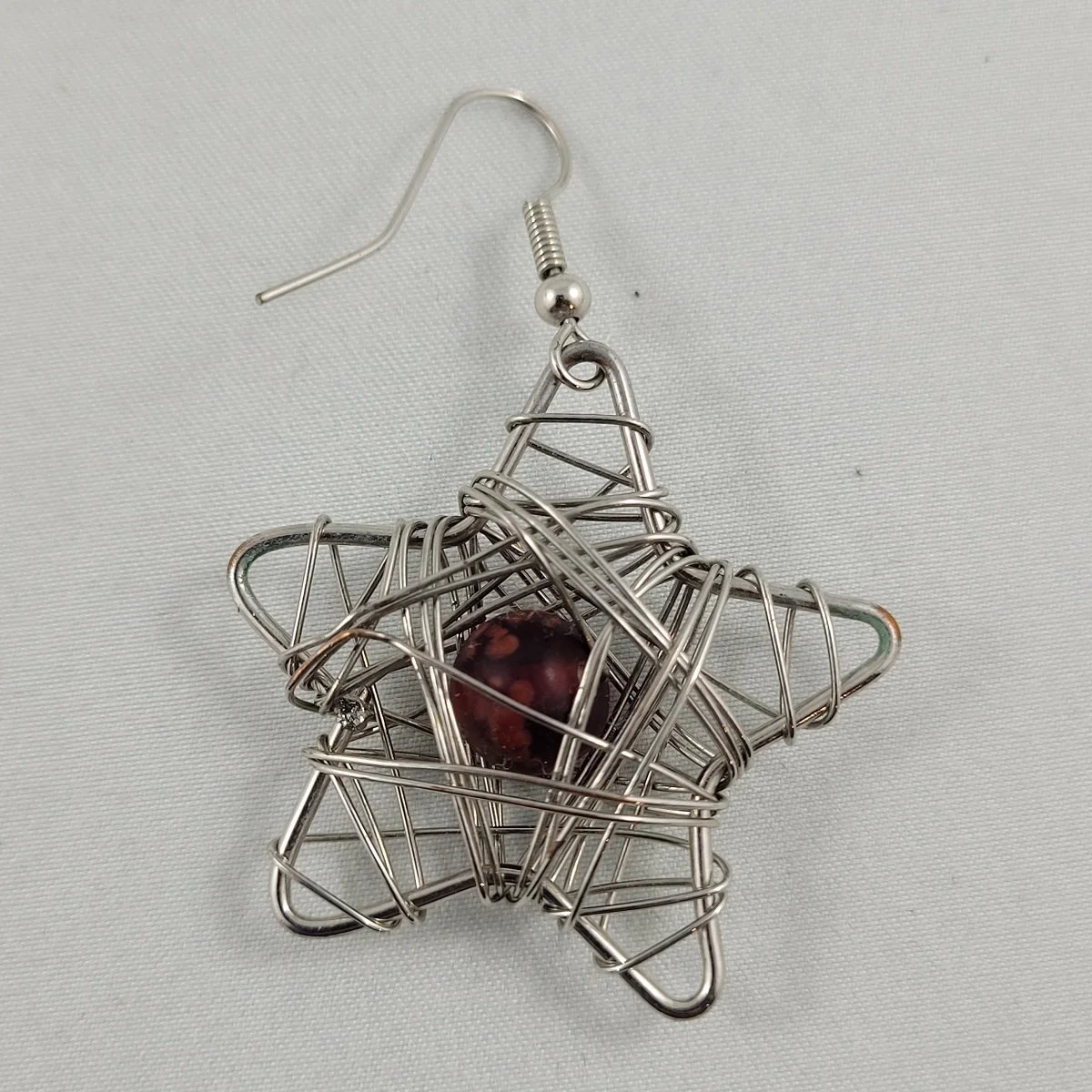 Silver Wire Wrapped Star Mottled Red Glass Bead 1.5 Inch Drop Pierced Earrings