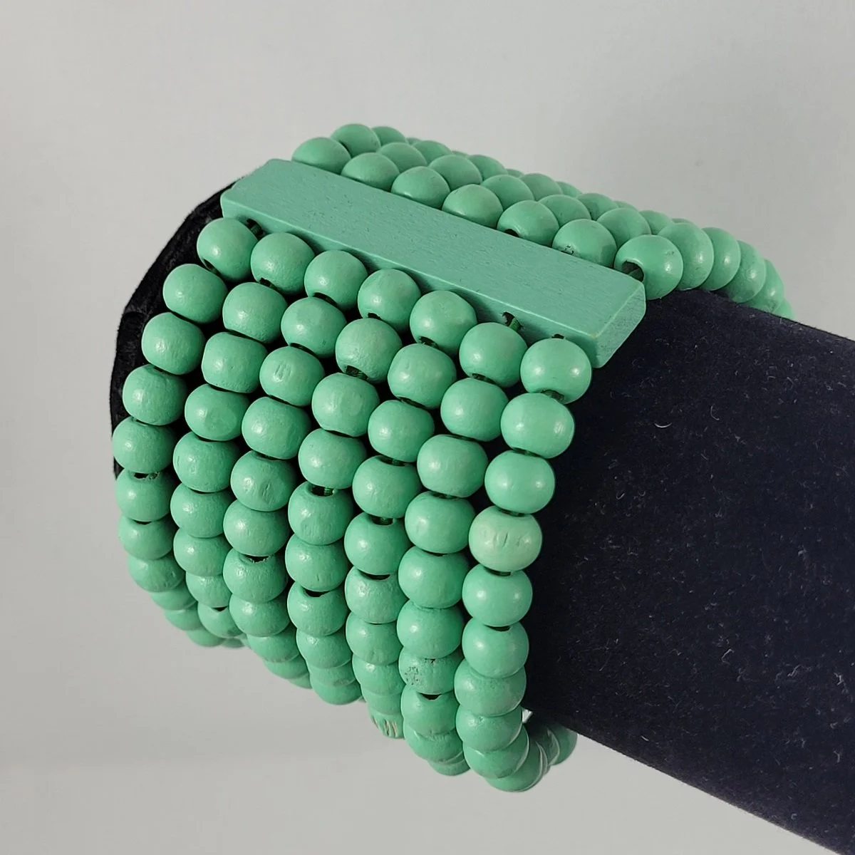 Seafoam Green Wash Light Wooden Bead Double Bar Multi-Strand 2 Inch Stretch Elastic Bangle Bracelet
