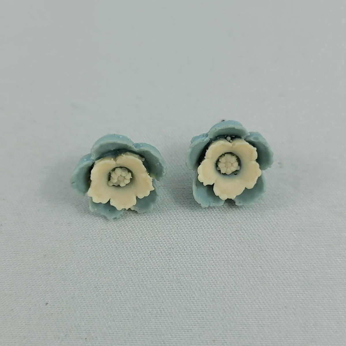 Carved Layered Blue Jasperware Resin 13mm Flower Pierced Earrings.jpg