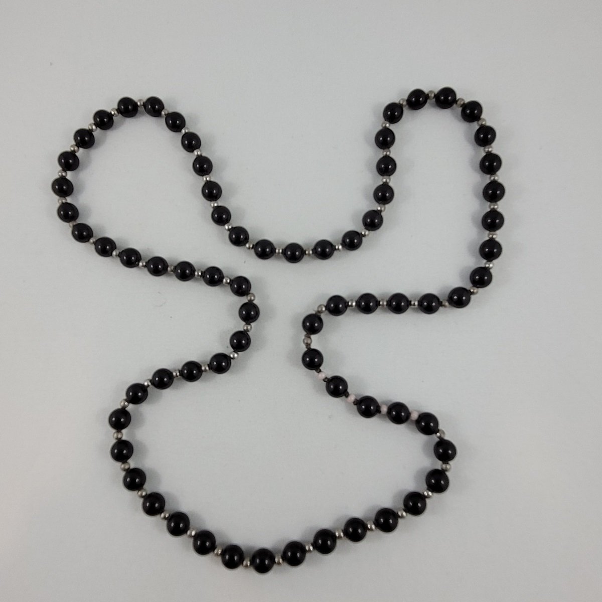 Genuine Black Onyx Stone Sterling Silver Spacer Bead Infinity Necklace Top View