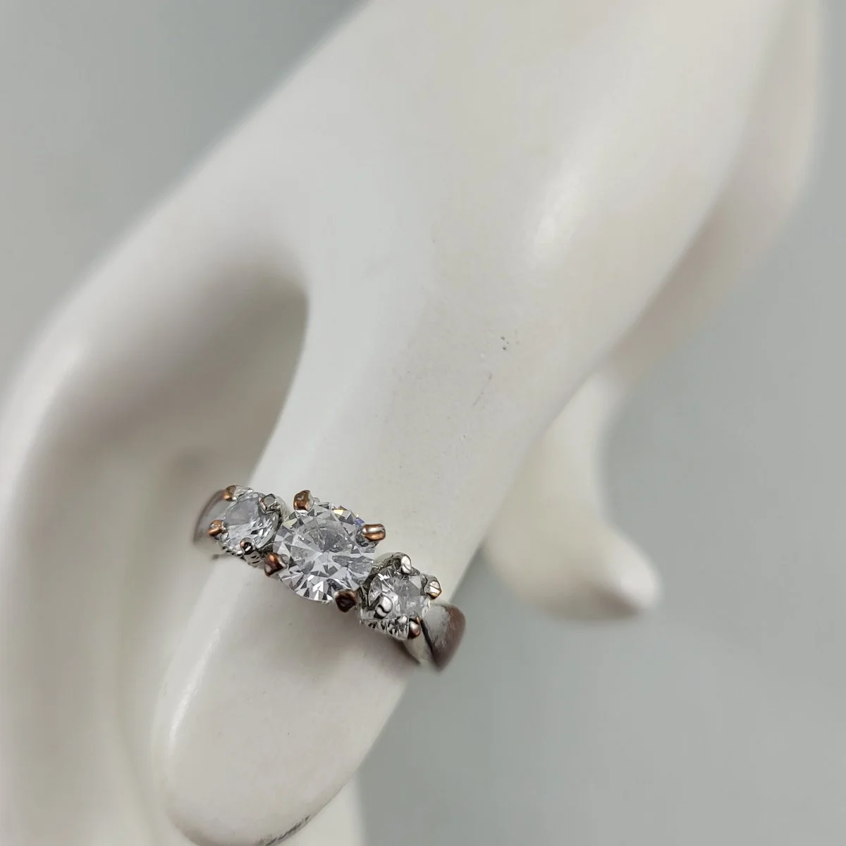 Vintage Round Three-Stone Triple Faceted Simulated Diamond Trilogy Copper Rhodium Plate Engagement Ring Faux Marcasite Prong Setting Sz 5