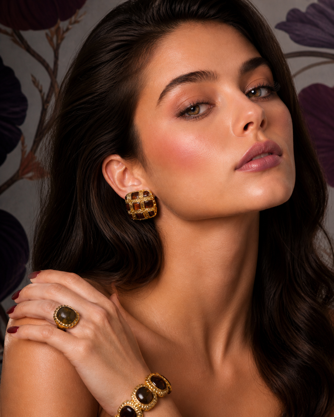 Ciner Burnt Orange Enamel Ribbed Basketweave Gold Clip-on Earrings -Model.png