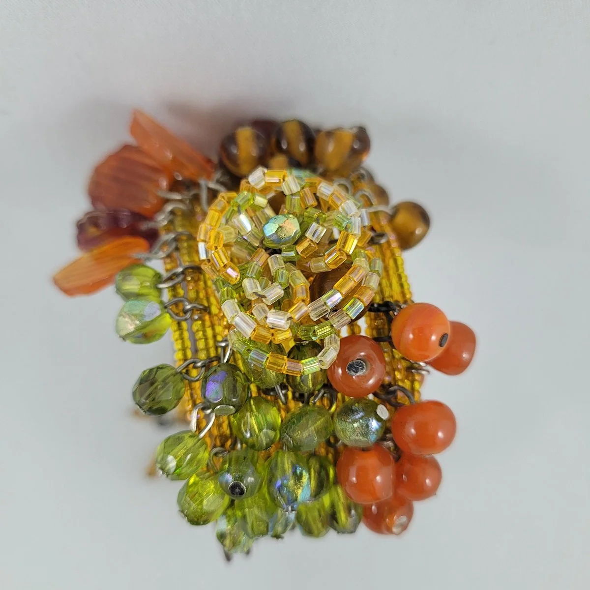 Haskell Hess Inspired Multi Strand Memory Wire Autumn Theme Glass Bead Cluster Leaf Drops Open Cuff Wrap Bracelet -7.jpg