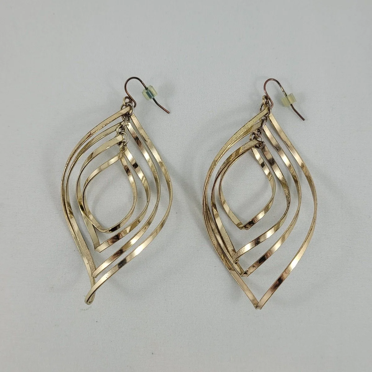 Modernist Quadruple Twist Diamond Shape Helix Spiral Polished Goldtone 3.5 Inch Drop Pierced Earrings