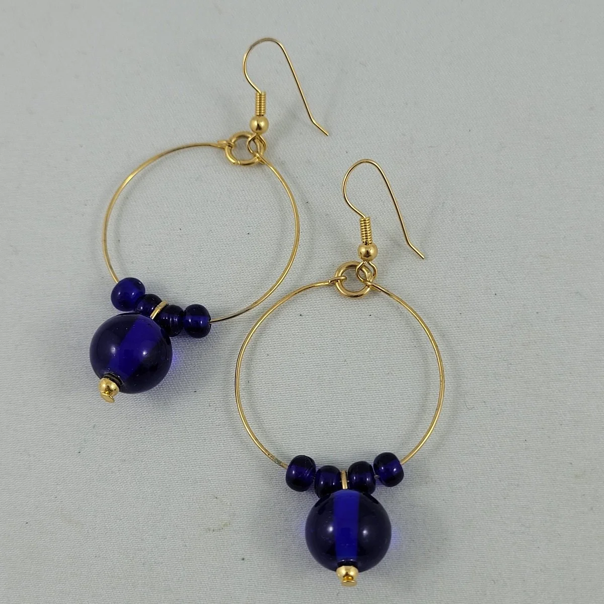 Cobalt Blue Glass Bead 2.875 Inch Drop Gold Hoop Pierced Earrings -1.jpg