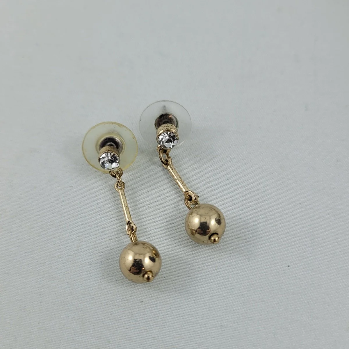 Rhinestone Gold Tube and Round Bead Drop 1.25 Inch Dangle Pierced Earrings.jpg