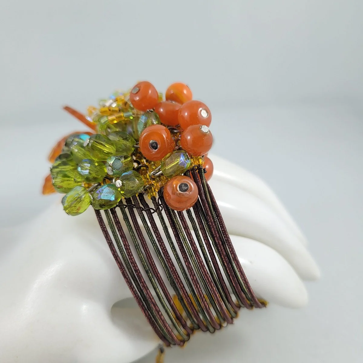 Haskell Hess Inspired Multi Strand Memory Wire Autumn Theme Glass Bead Cluster Leaf Drops Open Cuff Wrap Bracelet -4.jpg