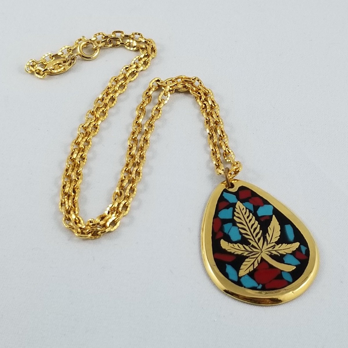 Vendome Carnelian Lapis Stone Mosaic Inlay Hemp Leaf Gold-tone Pendant Necklace.jpg