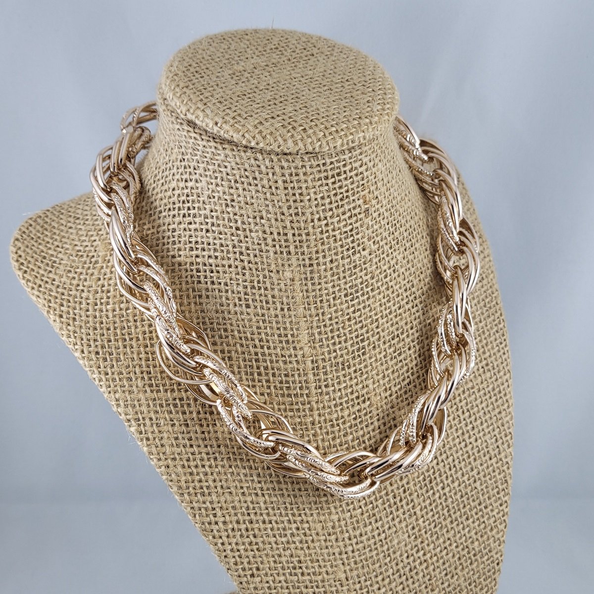 French Rope 1960's Textured Smooth Gold Aluminum 1 Inch Links Chunky Chain 17 Inch Choker Necklace