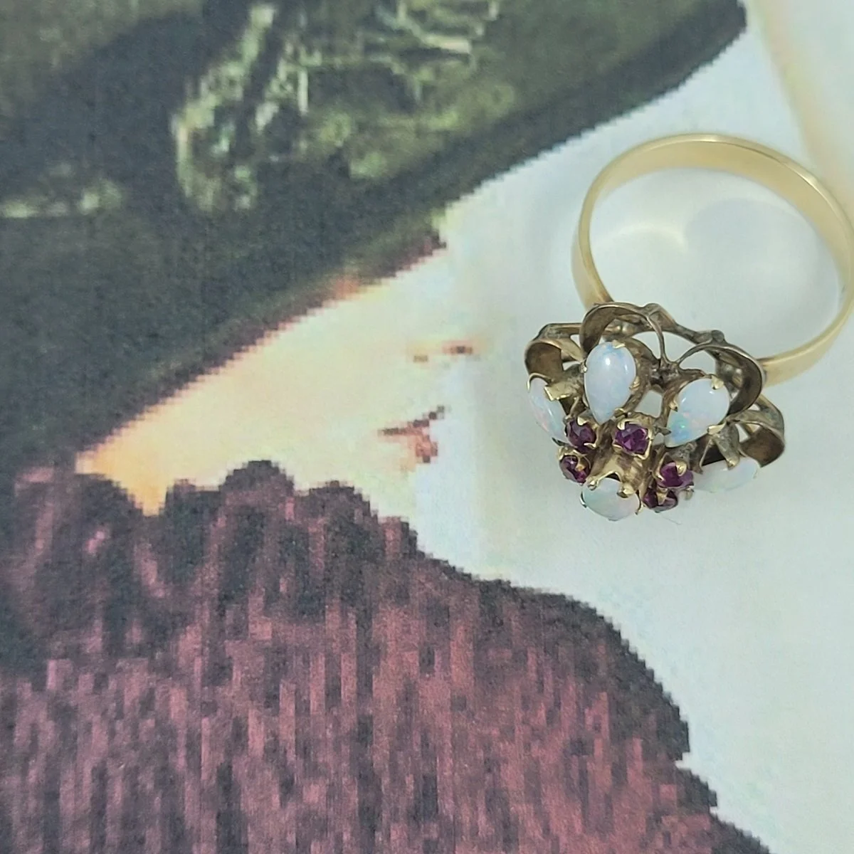 Thai Princess Harem Opal Ruby Cluster 10K Yellow Gold Flower Cocktail Ring Size 7 -23 (Copy)