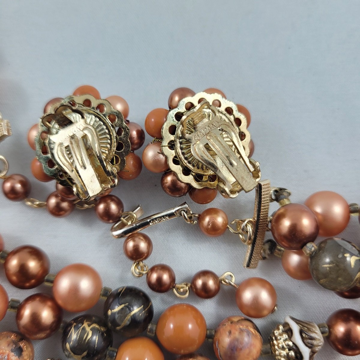 Japan 1950's Triple Strand Metallic Coppertone Plastic Glass Beaded Choker Princess Necklace Wire Wrapped Bead Cluster Clip Earrings Set -4.jpg (Copy)