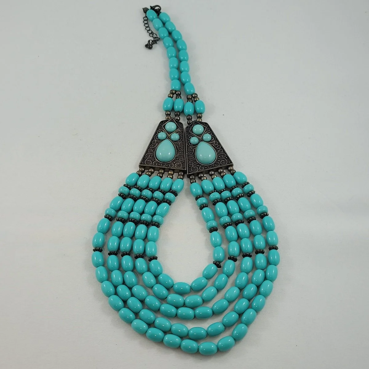 Antiqued Brass Turquoise Five-Strand Waterfall Filigree Bib Necklace -1.jpg