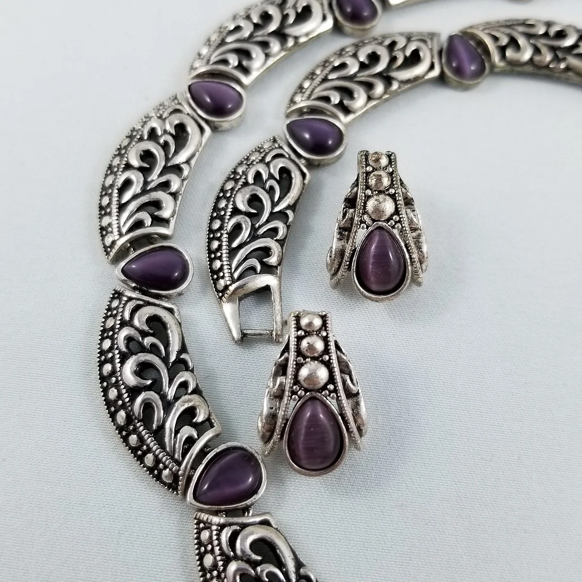Avon Victorian Splendor Amethyst Moonglow Faux Marcasite Silver-tone Openwork Necklace Pierced Earrings Demi-Parure Set -3.jpg