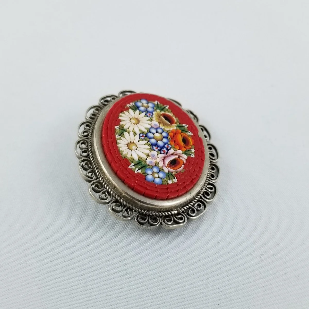 Italian Micromosaic Floral Millefiori Glass Filigree Silver Grand Tour Brooch -2.jpg