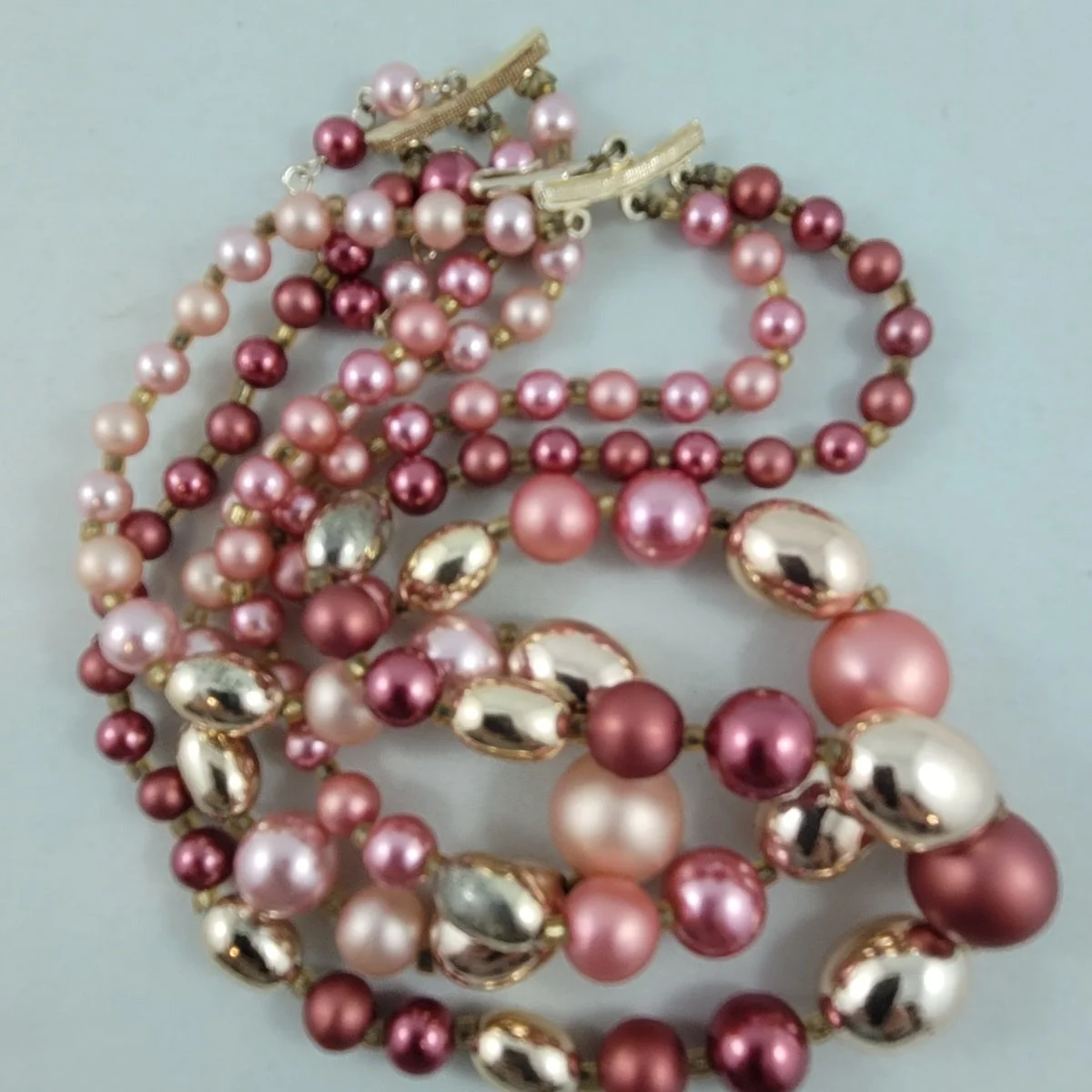 Japan 1950's Triple Strand Duo Tone Matte Metallic Pink Gold Round Oval Graduated Bead Choker Necklace -2.jpg (Copy)