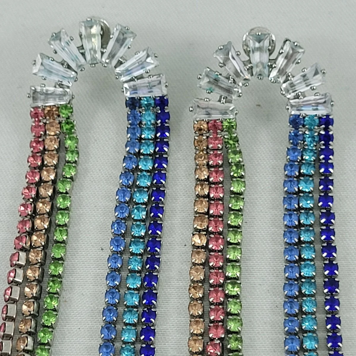 Silver-tone Prong Set Clear Baguette Arch Multi-Colour Chaton Rhinestone Cup Chain Rainbow Shoulder Duster Cascade Waterfall Pierced Earrings -4.jpg