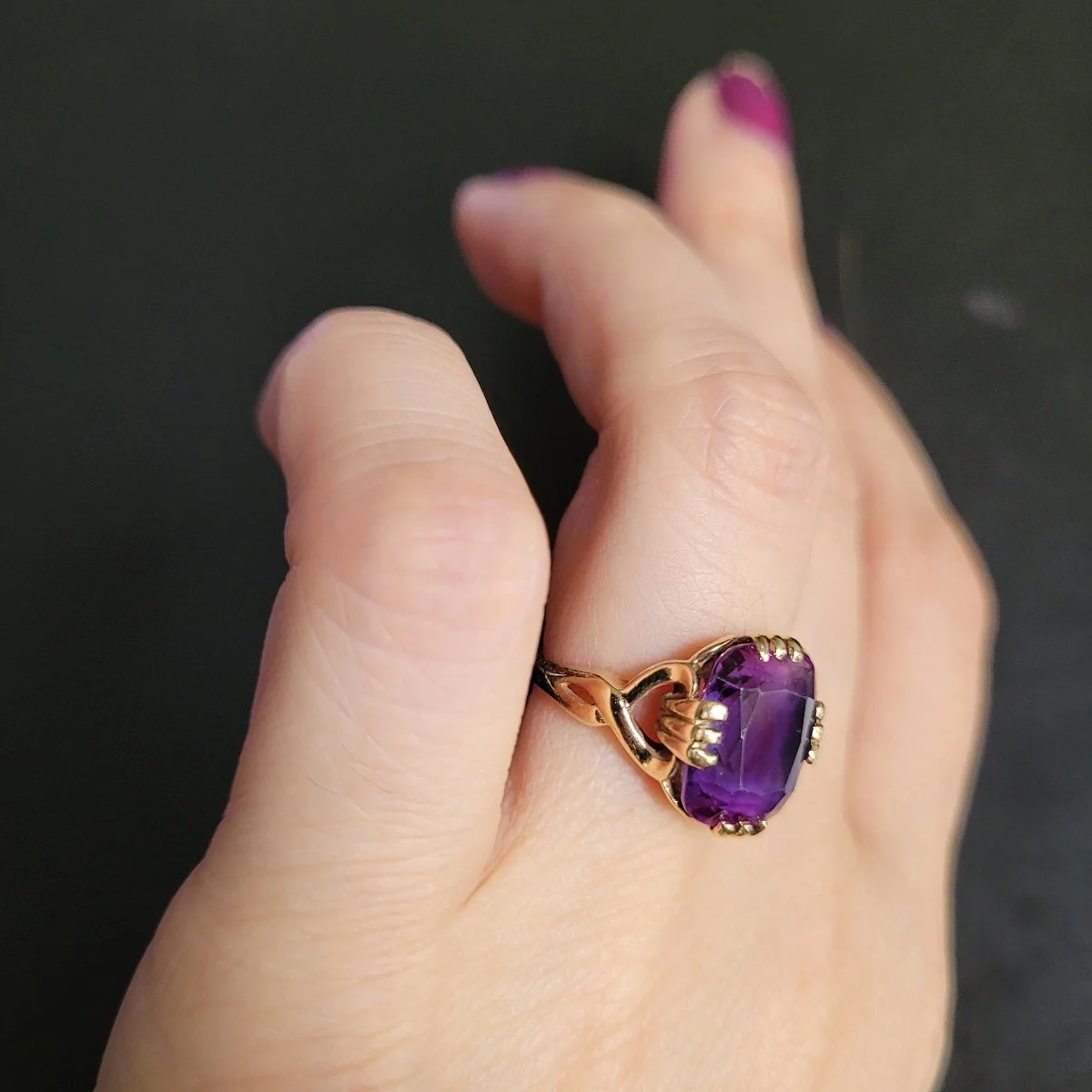 Crescent Jewelry Co. 1950's 10K Gold 7-Carat Class Step-Cut Amethyst Cathedral Crown Ring Size 5 -5.jpg (Copy) (Copy)