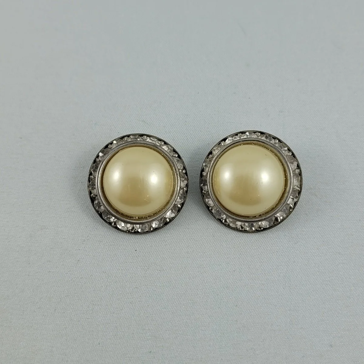 Vintage Classic Soft Golden Mabe Pearl Encrusted Clear Crystal Channel Rhinestone Round Silver-tone 1 Inch Clip-on Earrings.jpg