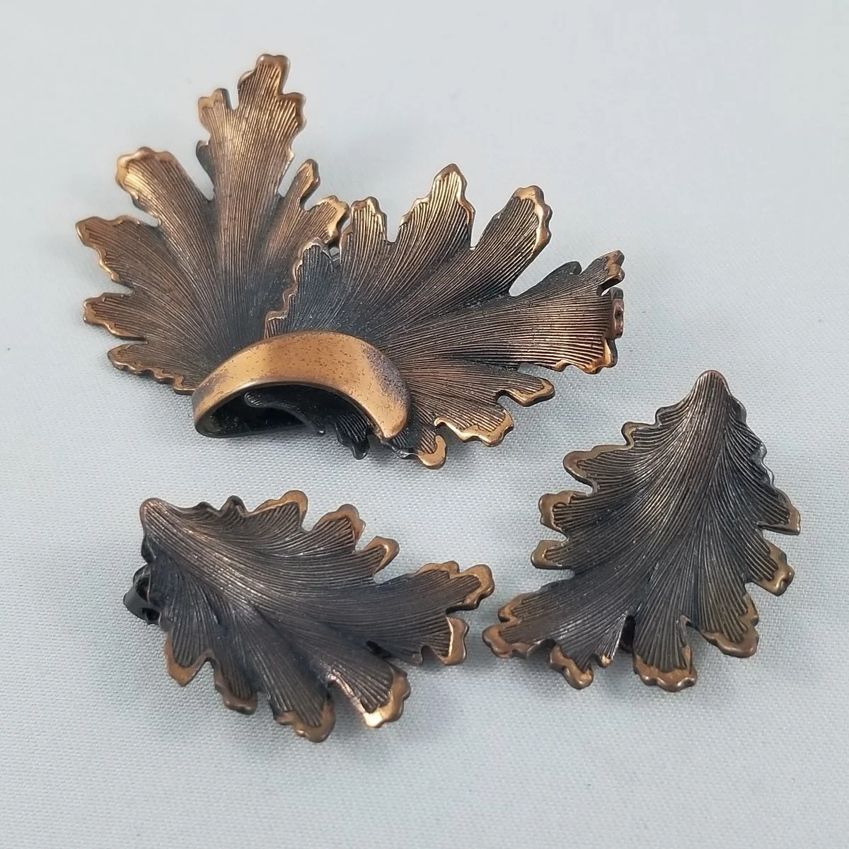 Renoir Oak Leaf Holly Oak Brushed Solid Copper Botanical Demi-Parure Pin Brooch Clip-on Earring Set.jpg (Copy)