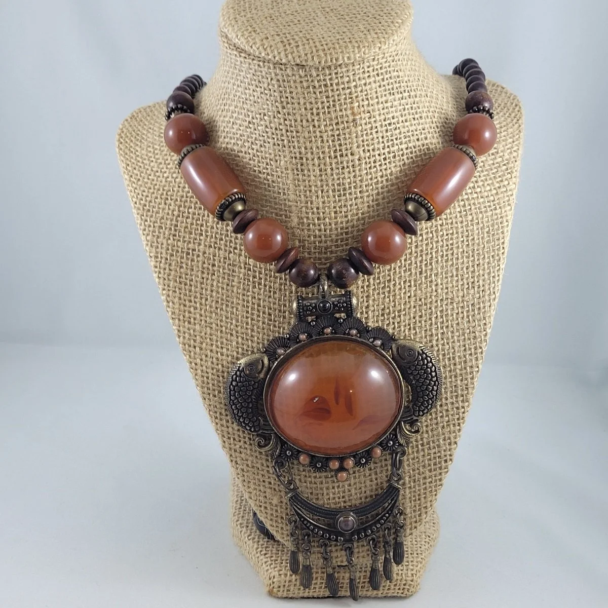 Large Simulated Oval Amber and Wood Bead Double Fish Fringe Fixed Brass Drop Pendant Matinee Statement Necklace