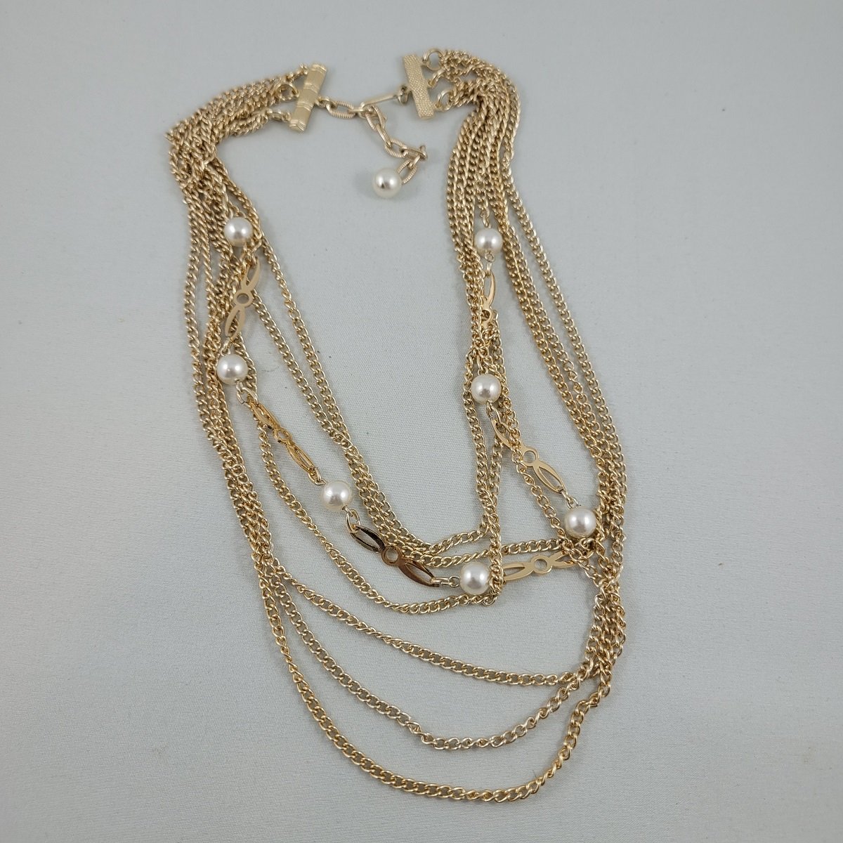 1950's Multi-Strand Gold Aluminum Pearl Bead Swag Chain 18 Inch Adjustable Choker Princess Bib Necklace Front View