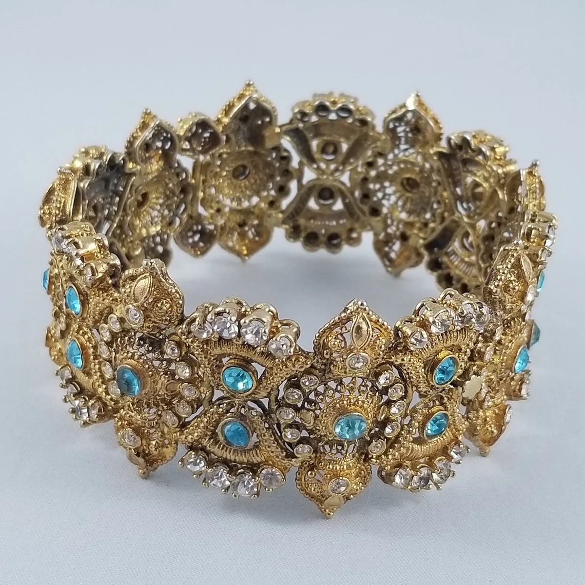 Etruscan Revival Vintage 1940s Aquamarine Clear Crystal Hinged 14K Gold Gilt Cannetille Bangle Statement Bracelet -8.jpg