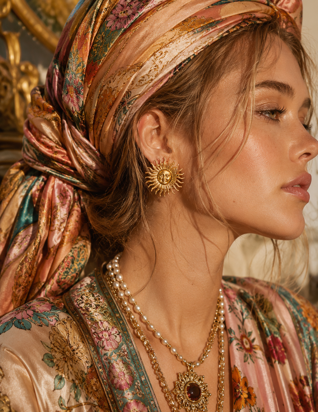 Monet Celestial Sun Face Matte and Polished Gold Sunburst Pierced Earrings - MODEL.png