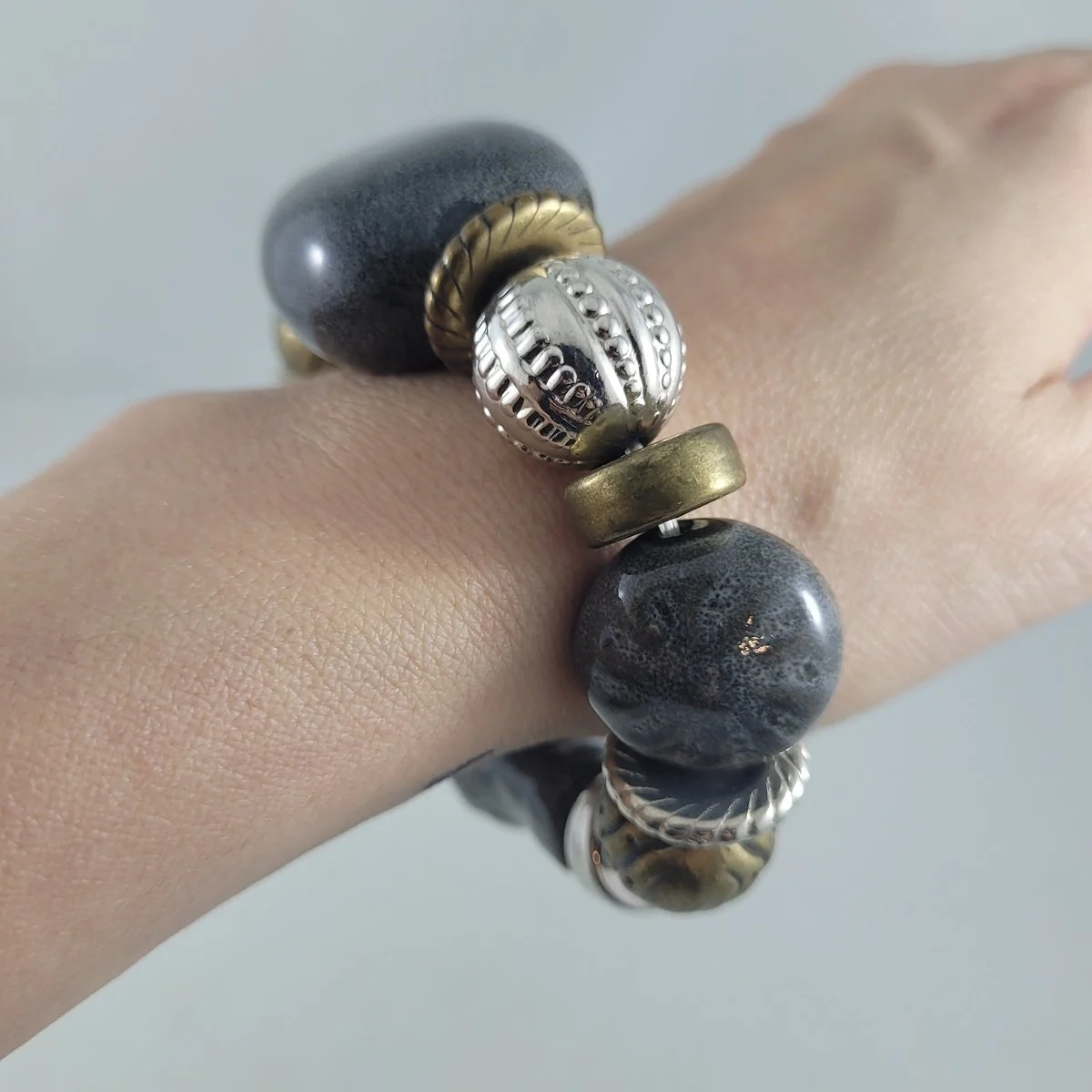 Boho Designer Quality Glazed Clay Pottery Textured Brass Silver Oversized Ceramic Bead Stretch Elasticized Bracelet -3.jpg