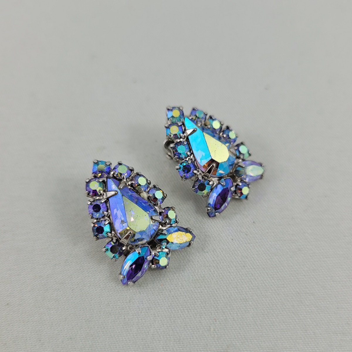 Blue Aurora Borealis Prong Set Mix Rhinestone Strawberry Shape Silver-tone Clip Earrings Side View