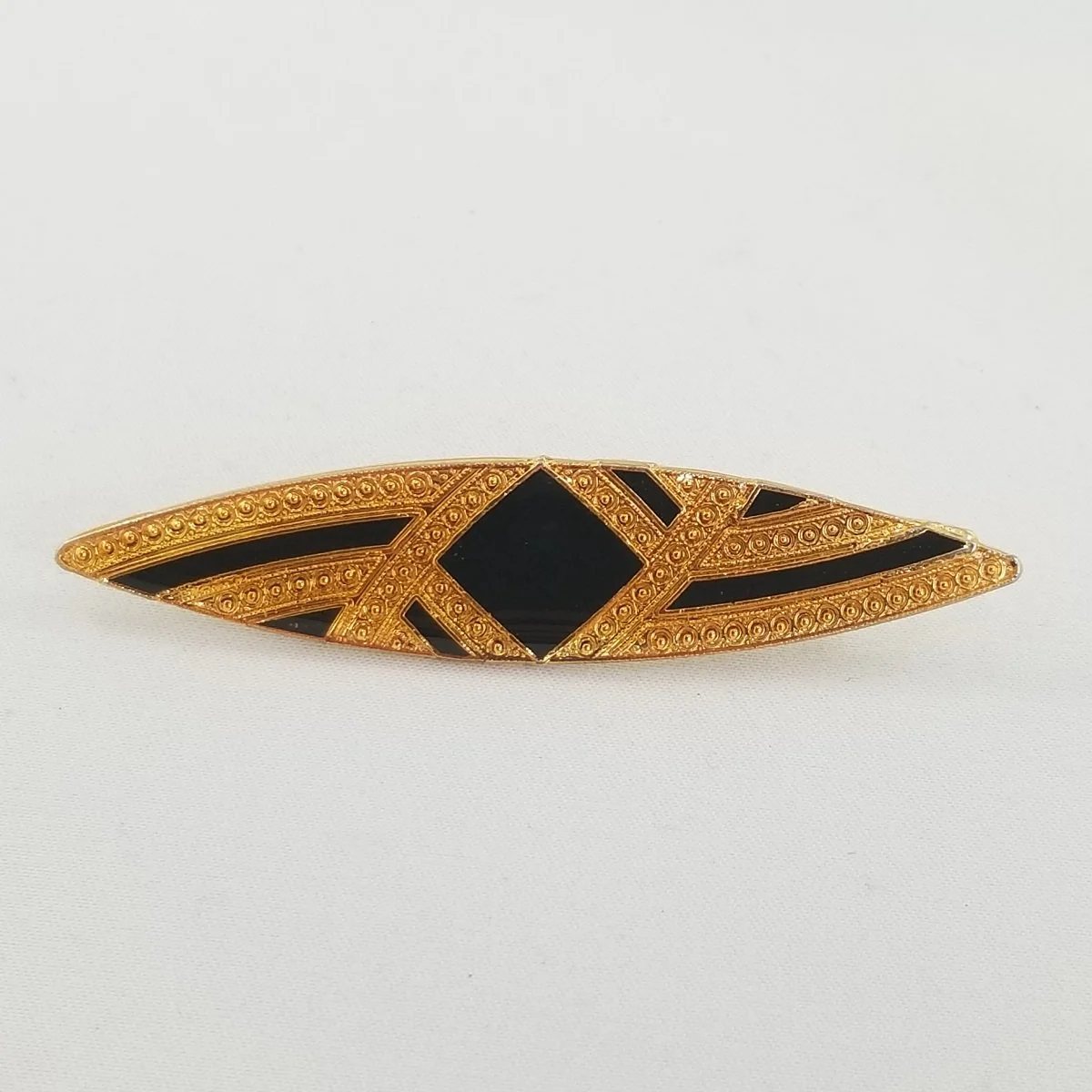 Pierre Bex 1980’s Art Deco “Geometric Ellipse” Black and Gold Enamel Bar Brooch -1.jpg