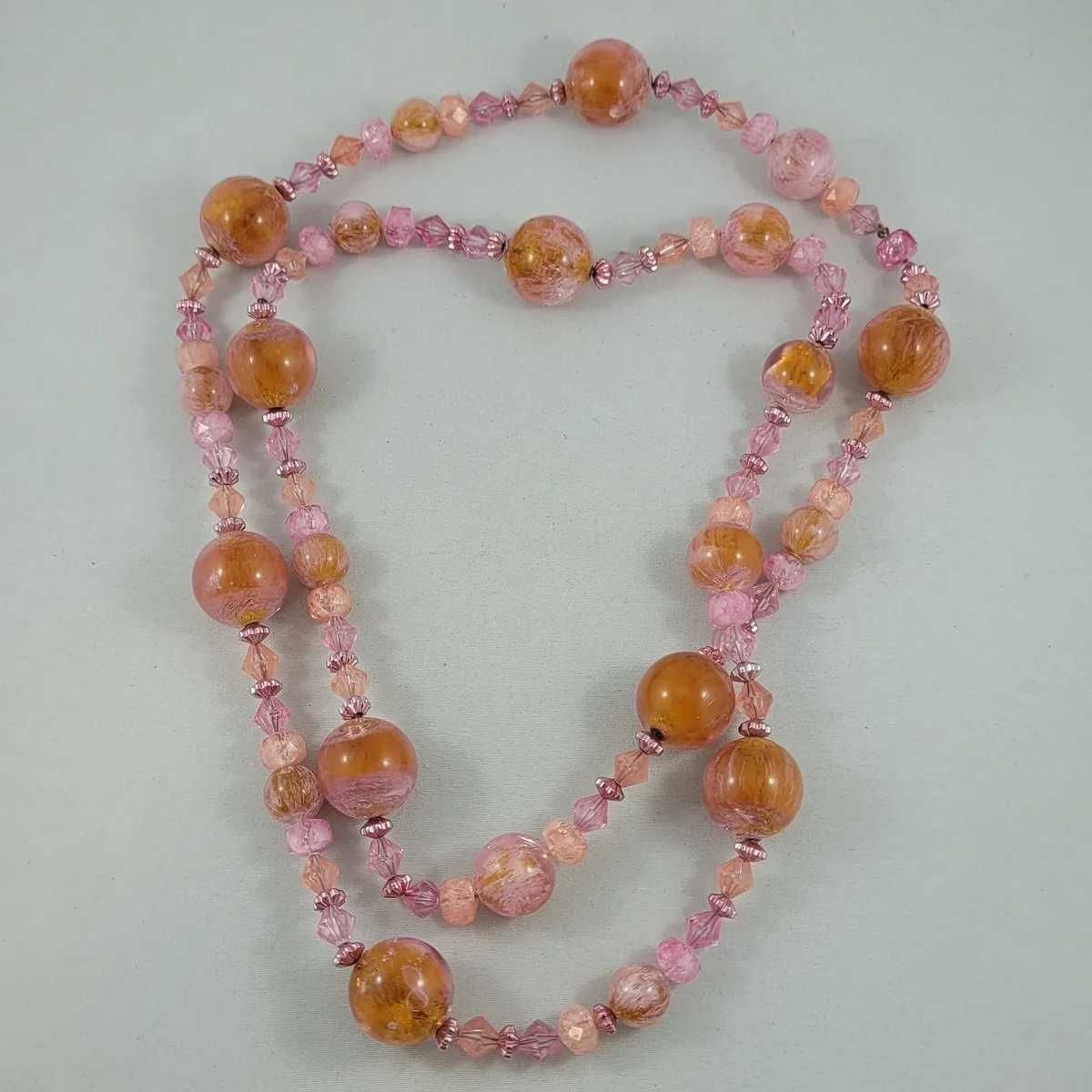 Louis Rousselet Attributed 1960's Marbled Pink Tangerine Swirl 'Art Glass' Resin 41 Inch Rope Necklace.jpg