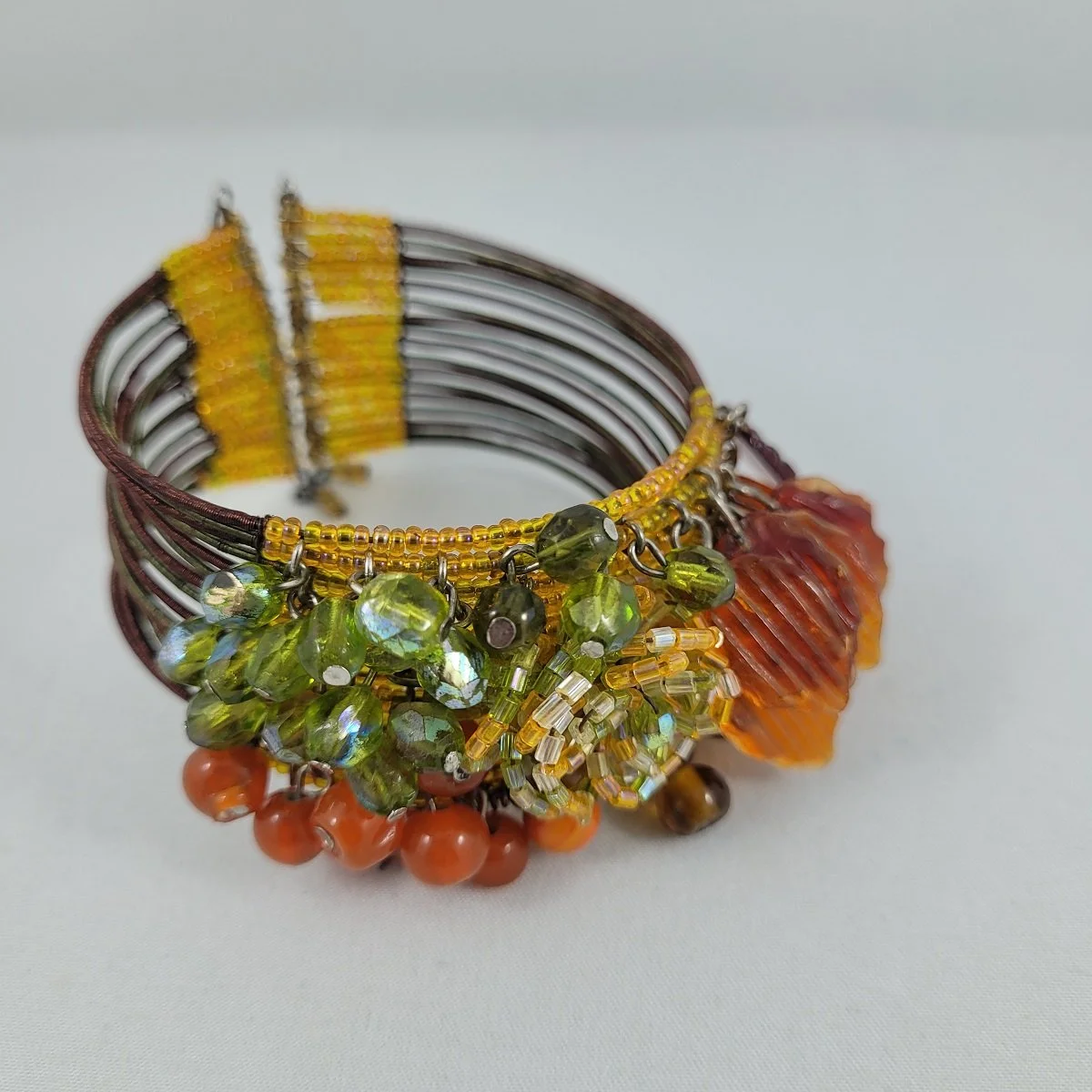 Haskell Hess Inspired Multi Strand Memory Wire Autumn Theme Glass Bead Cluster Leaf Drops Open Cuff Wrap Bracelet -8.jpg