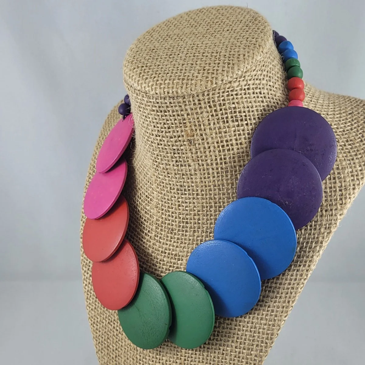 Handcrafted Multi Coloured Overlapping Flat Wood Disc Beads Colour Block Beaded Princess Necklace -2.jpg (Copy)