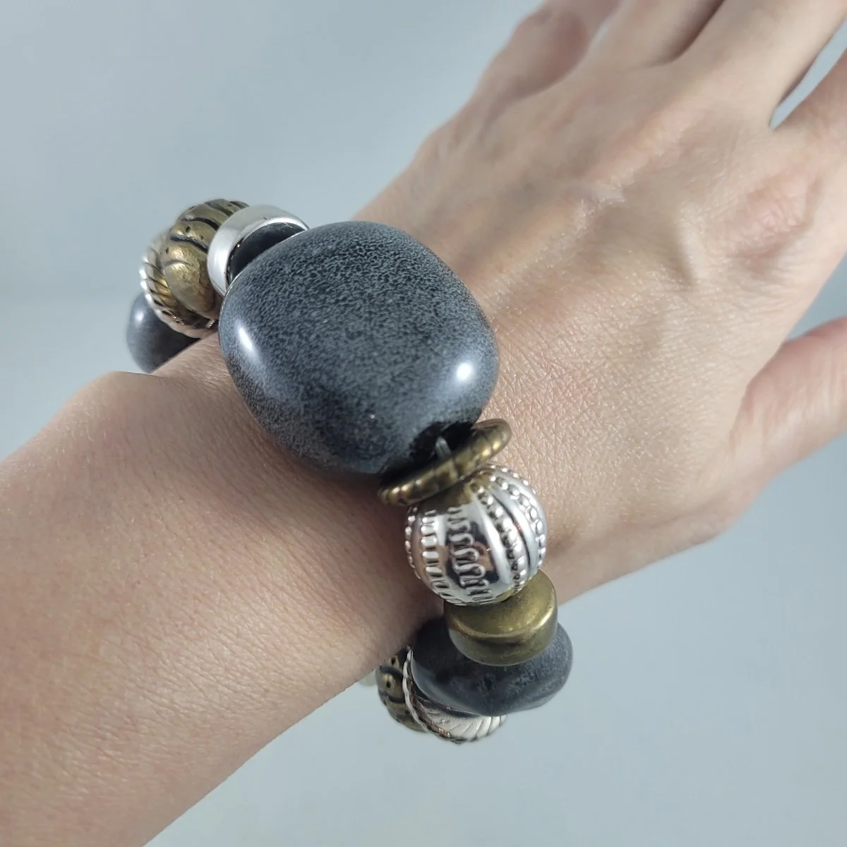 Boho Designer Quality Glazed Clay Pottery Textured Brass Silver Oversized Ceramic Bead Stretch Elasticized Bracelet -2.jpg