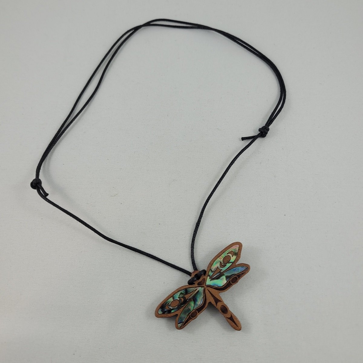 First Nations Cherry Wood Dragonfly Pendant with Abalone Philosopher by Shain Jackson Adjustable Leather Cord Necklace Front View