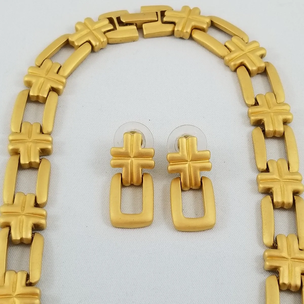 Butler Fifth Avenue Collection Satin Gold Cross Panel Link Choker Necklace Pierced Earrings Demi-Parure Set -2.jpg