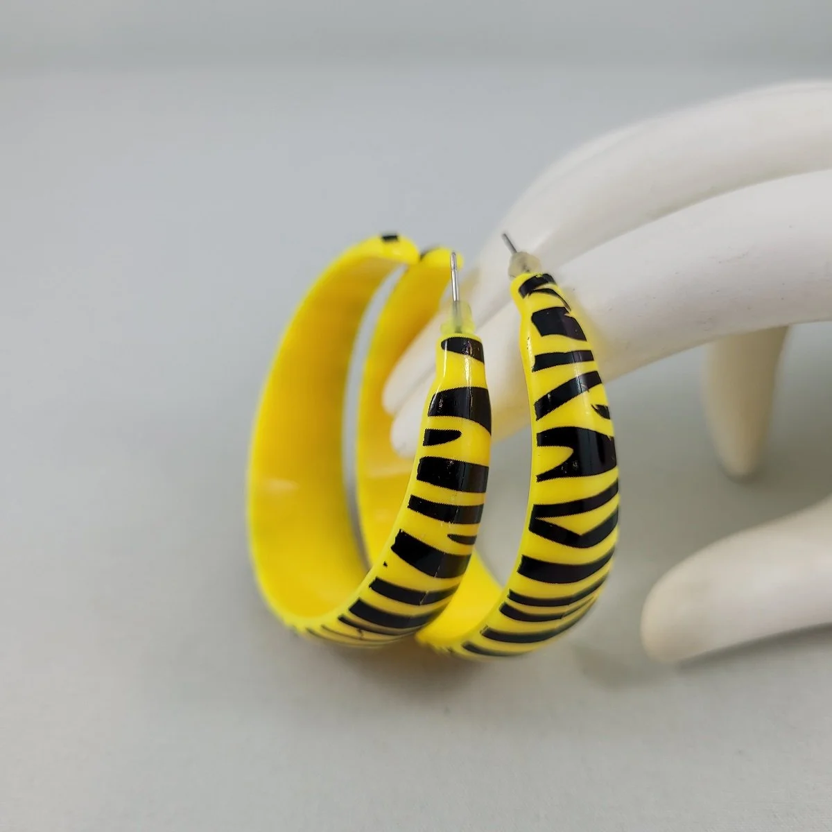 Zebra Print Striped Yellow Plastic Open 2 Inch Hoop Pierced Earrings -3.jpg
